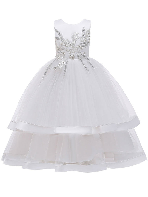 Jewel Neck Cotton Sleeveless Ankle Length Princess Beaded Formal Kids Pageant flower girl dresses-Dbrbridal