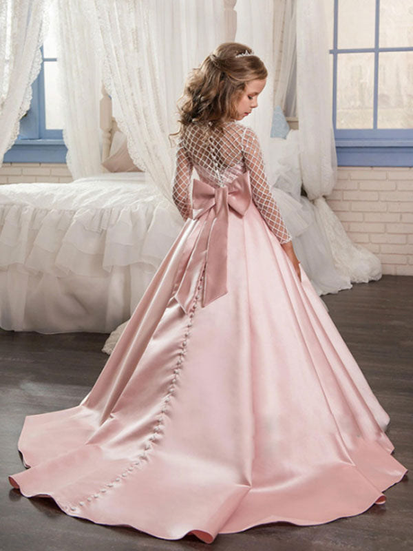 Jewel Neck Long Sleeves Buttons Formal Kids Pageant flower girl dresses-Dbrbridal