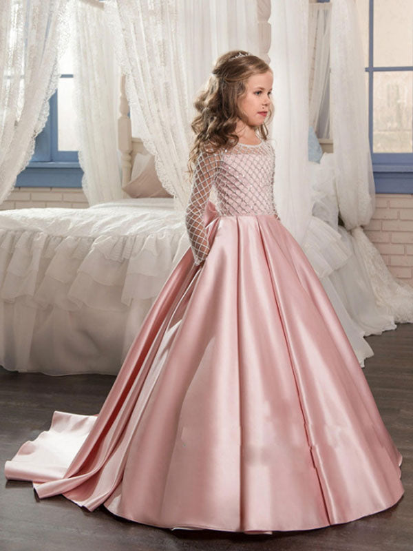 Jewel Neck Long Sleeves Buttons Formal Kids Pageant flower girl dresses-Dbrbridal