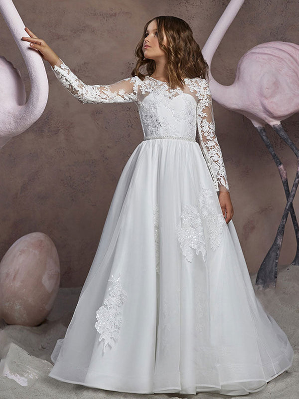 Jewel Neck Long Sleeves Embroidered Kids Party Dresses-Dbrbridal