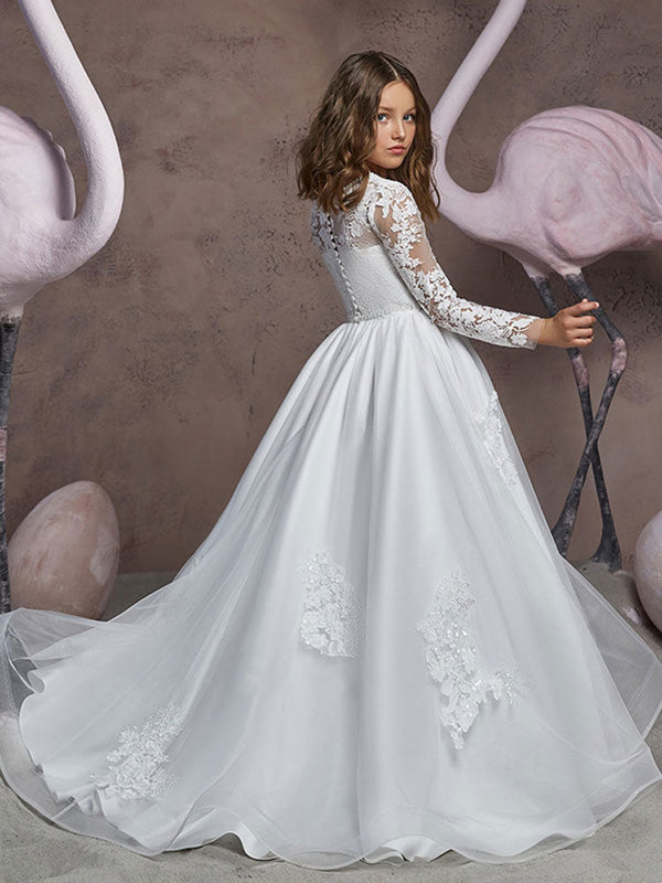 Jewel Neck Long Sleeves Embroidered Kids Party Dresses-Dbrbridal