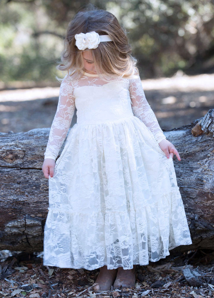 Jewel Neck Long Sleeves Lace Kids Social Party Dresses-Dbrbridal