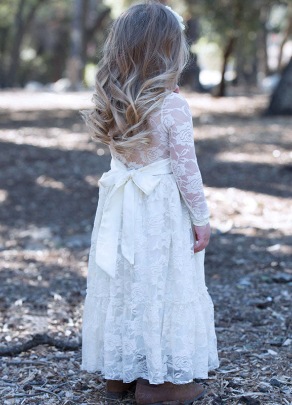 Jewel Neck Long Sleeves Lace Kids Social Party Dresses-Dbrbridal
