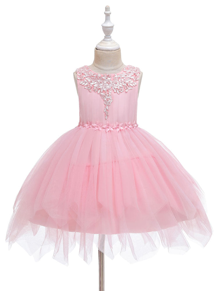 Jewel Neck Polyester Sleeveless Short Princess Bows Kids Social Party Dresses-Dbrbridal