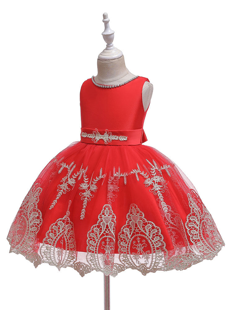 Jewel Neck Short Sleeves Bows Kids Social Party Dresses-Dbrbridal