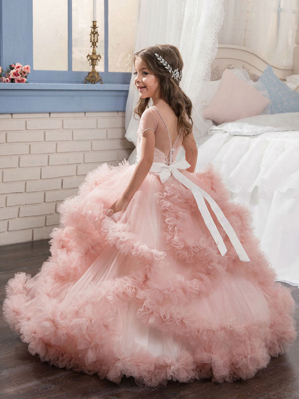 Jewel Neck Short Sleeves Rhinestones Kids Pageant flower girl dresses-Dbrbridal