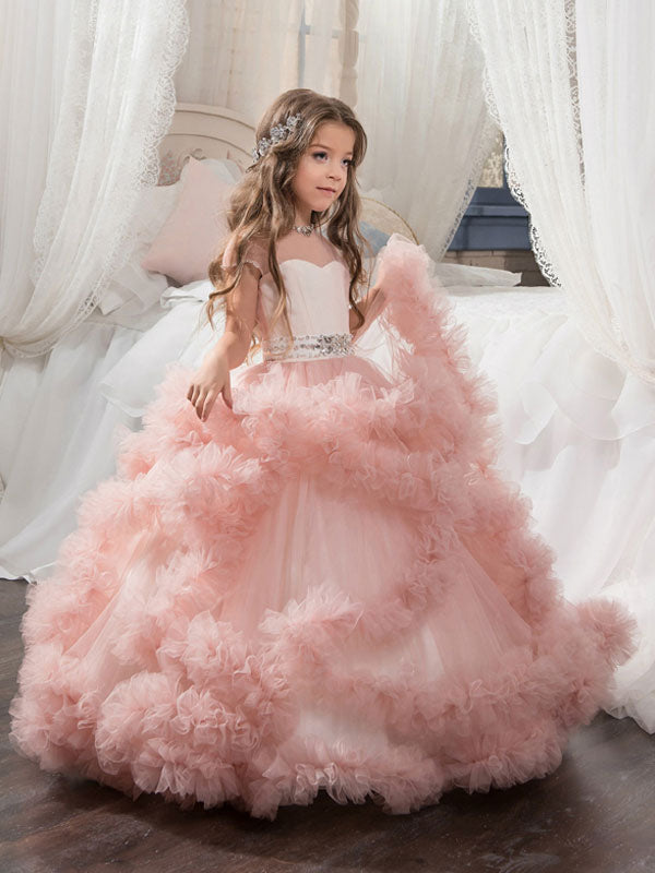 Jewel Neck Short Sleeves Rhinestones Kids Pageant flower girl dresses-Dbrbridal
