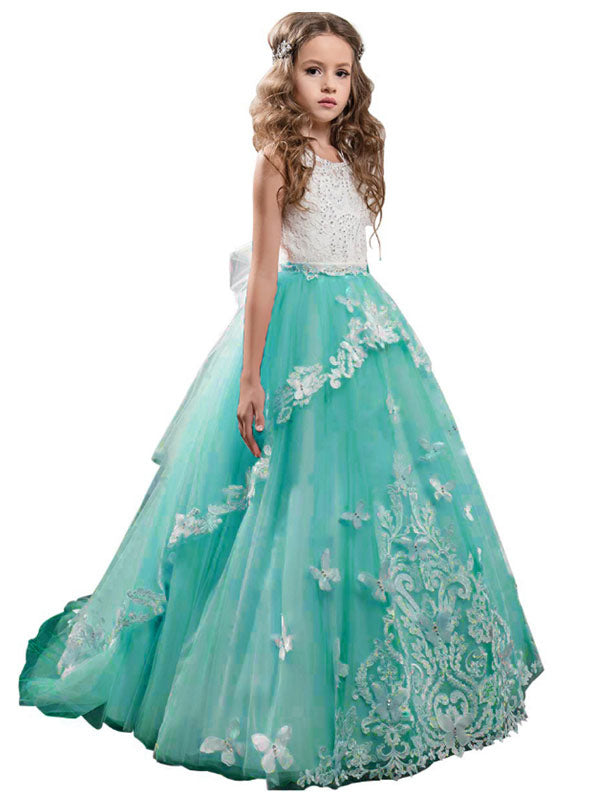 Jewel Neck Long Sleeves Butterfly Formal Kids Princess flower girl dress