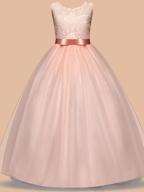 Jewel Neck Sleeveless Floor Length Bows Formal flower girl dress-Dbrbridal