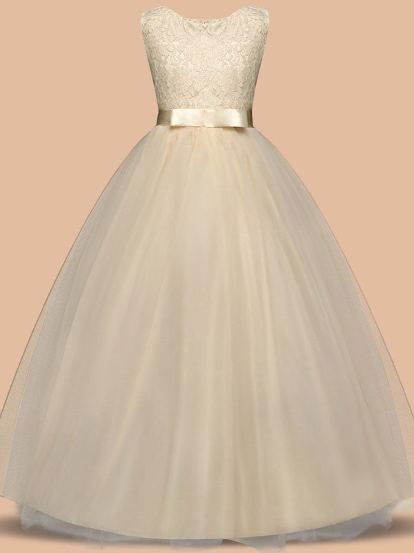 Jewel Neck Sleeveless Floor Length Bows Formal flower girl dress-Dbrbridal