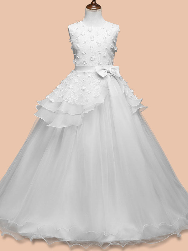 Jewel Neck Sleeveless Floor Length Bows Kids Pageant Party Dresses-Dbrbridal