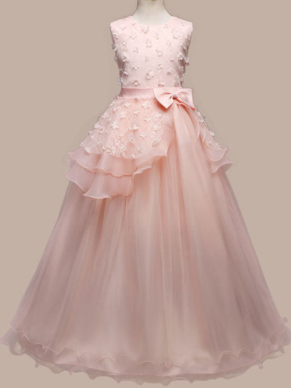 Jewel Neck Sleeveless Floor Length Bows Kids Pageant Party Dresses-Dbrbridal