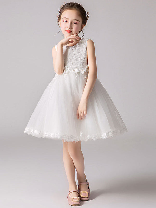 Jewel Neck Tulle Knee-length Princess Flowers Formal Kids Pageant flower girl dresses-Dbrbridal