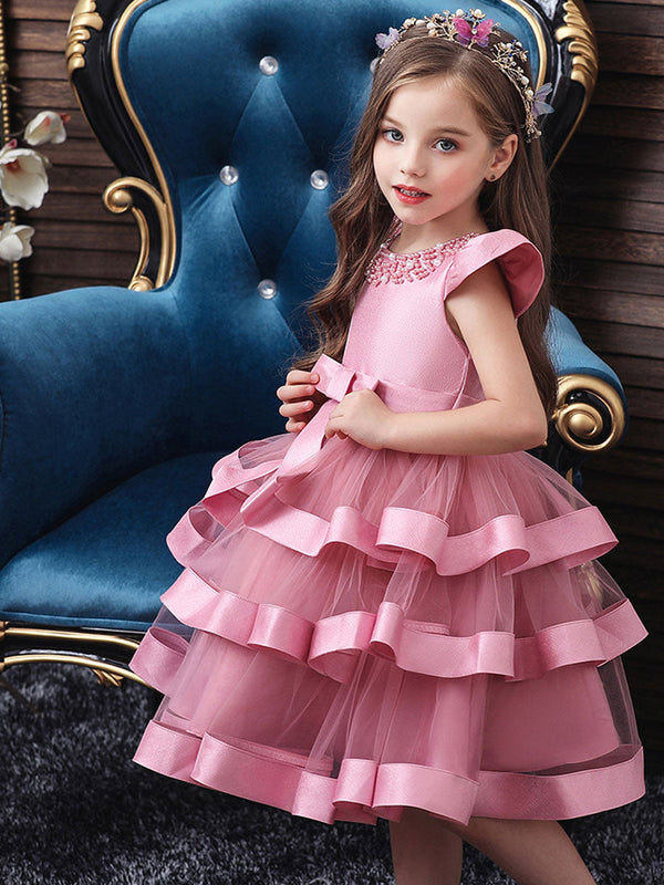 Jewel Neck Tulle Short Sleeves Short Princess Beaded Formal Kids Pageant flower girl dresses-Dbrbridal