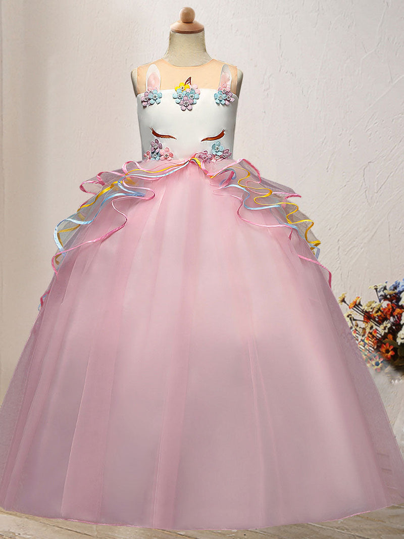 Jewel Neck Tulle Sleeveless Ankle Length Princess Embroidered Kids Social Party Dresses-Dbrbridal