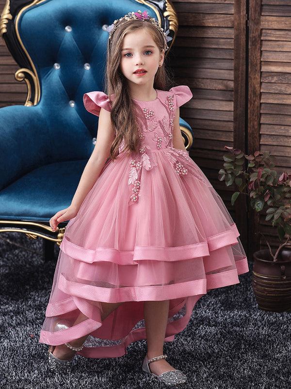 Jewel Neck Tulle Sleeveless With Train Princess Bows Kids Social Party Dresses-Dbrbridal