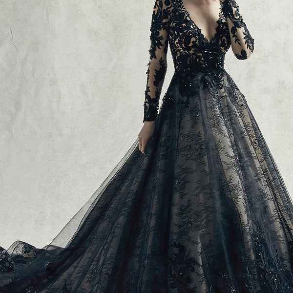 princess black wedding dresses Black Wedding Dresses Lace Princess Silhouette Long Sleeves Lace Court  Train Bridal Gown – Dbrbridal