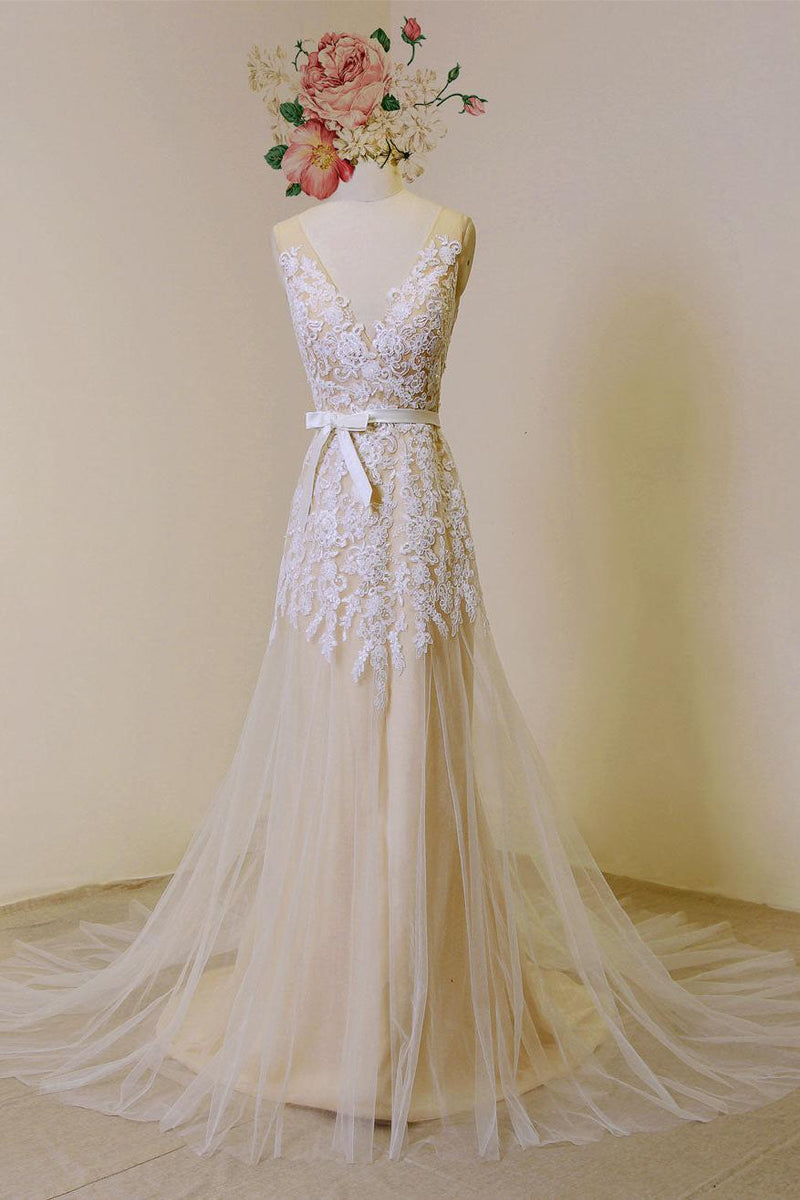 Lace Boho Wedding Dress Nude Tulle Bridal Gown Backless A-line Court Train Beach Wedding Dress With Detachable Satin Sash Dbrbridal Lace Boho Wedding Dress Nude Tulle Bridal Gown Backless A-line Court Train Beach Wedding Dress With Detachable Satin Sash Dbrbridal