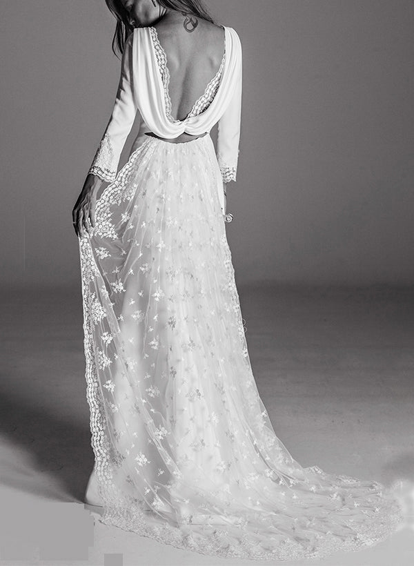 Lace Elastic Satin Wedding Dresses Sheath Fitted Silhouette Scoop Neckline Long Sleeves-Dbrbridal