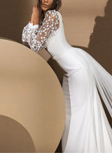 Lace Mermaid Fitted V-Neck Long Sleeves Elastic Satin Wedding Dresses-Dbrbridal