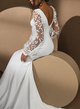 Lace Mermaid Fitted V-Neck Long Sleeves Elastic Satin Wedding Dresses-Dbrbridal