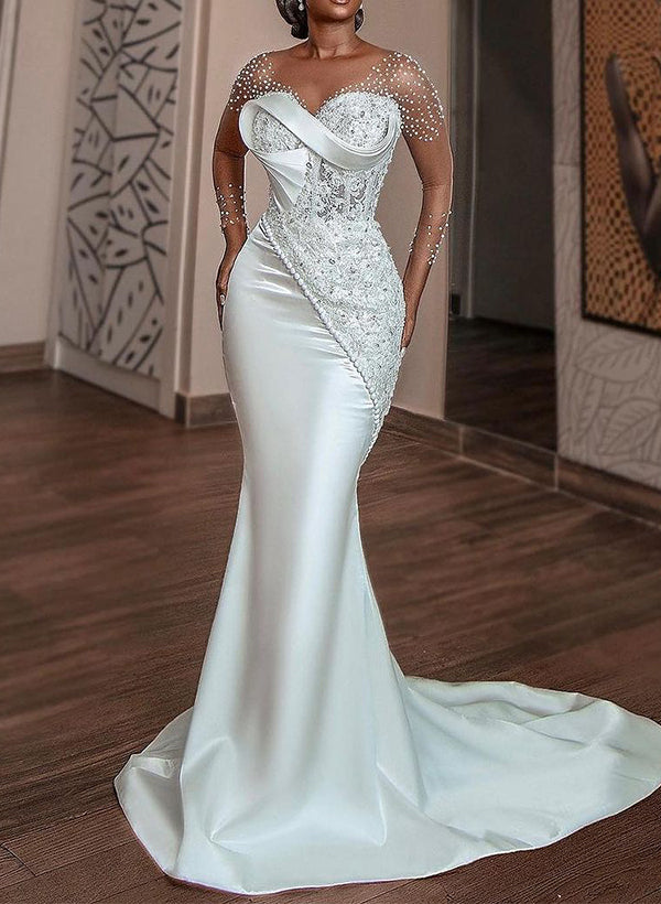 Lace Trumpet Mermaid Fitted V Neck 3 4 Sleeves Lace Satin Wedding Dresses Beaded Appliques-Dbrbridal