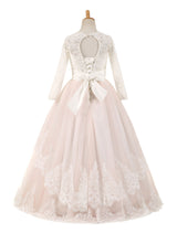 Lace Tulle Bows Satin Pageant Dresses Round Neck Long Sleeve Sash Blush Pink Floor Length Party Dress-Dbrbridal