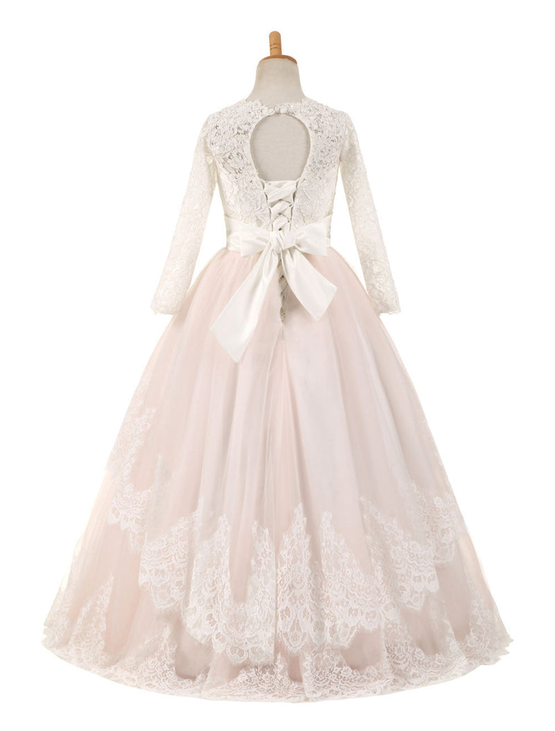 Lace Tulle Bows Satin Pageant Dresses Round Neck Long Sleeve Sash Blush Pink Floor Length Party Dress-Dbrbridal