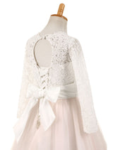 Lace Tulle Bows Satin Pageant Dresses Round Neck Long Sleeve Sash Blush Pink Floor Length Party Dress-Dbrbridal