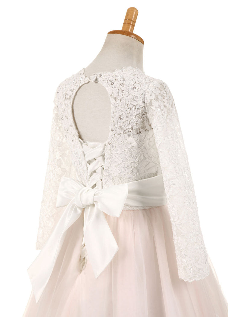 Lace Tulle Bows Satin Pageant Dresses Round Neck Long Sleeve Sash Blush Pink Floor Length Party Dress-Dbrbridal