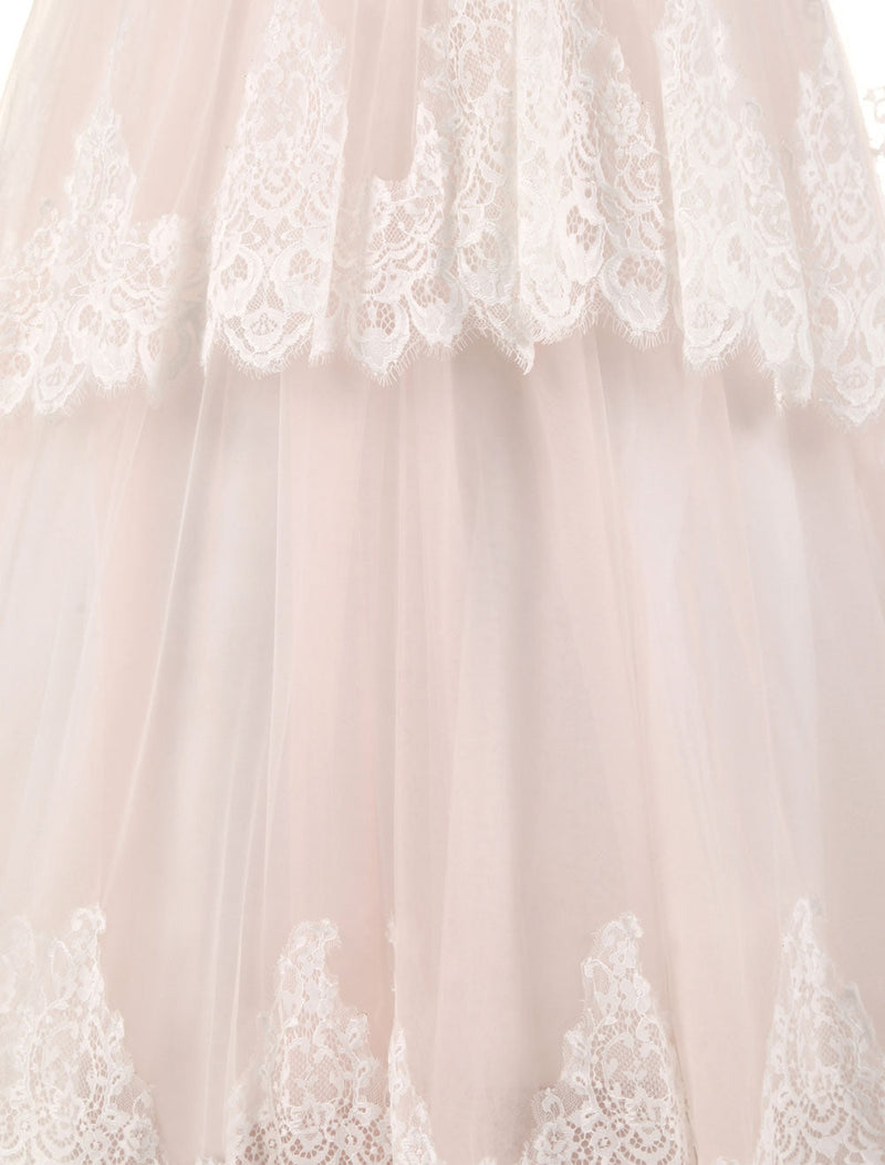 Lace Tulle Bows Satin Pageant Dresses Round Neck Long Sleeve Sash Blush Pink Floor Length Party Dress-Dbrbridal