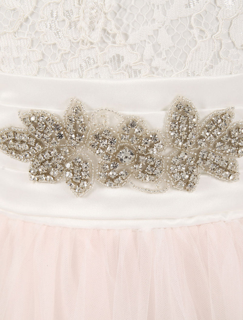 Lace Tulle Bows Satin Pageant Dresses Round Neck Long Sleeve Sash Blush Pink Floor Length Party Dress-Dbrbridal