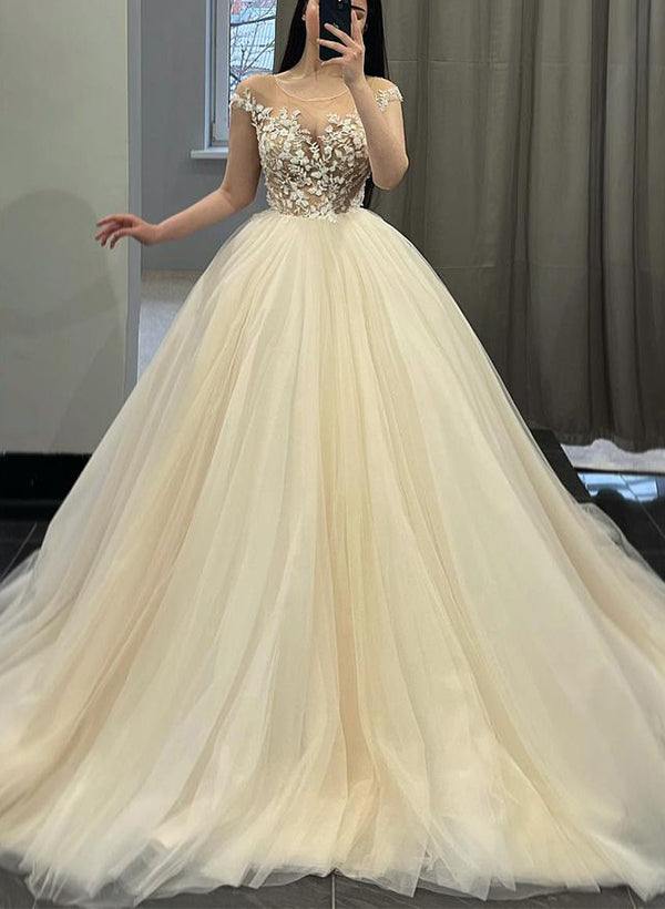Lace Tulle Wedding Dresses Ball-Gown Illusion Neck Sleeveless Design featuring Court Train-Dbrbridal