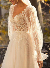 Lace V Neck Tulle Lace Sweep Train Wedding Dresses Lace-Dbrbridal