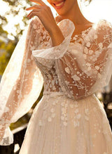 Lace V Neck Tulle Lace Sweep Train Wedding Dresses Lace-Dbrbridal