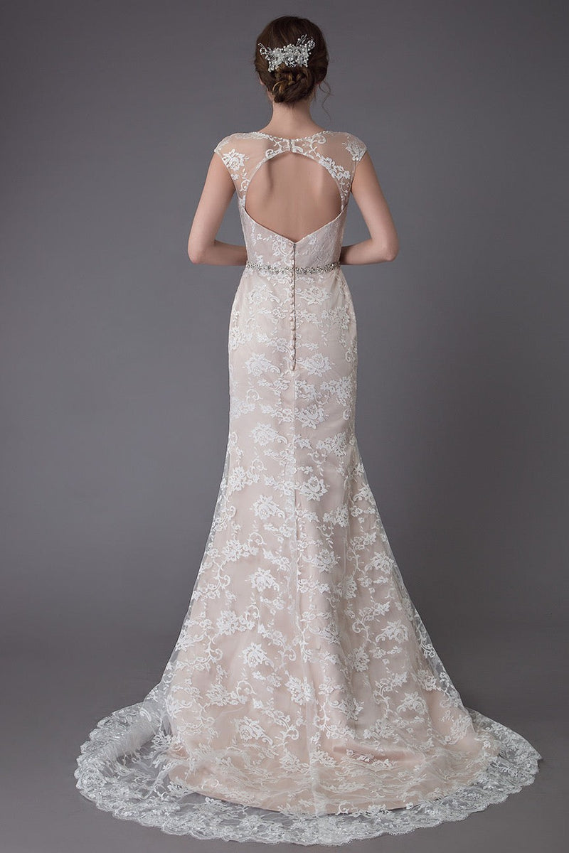Lace Wedding Dress Champagne Jewel Sleeveless Sexy Backless Mermaid Beach Wedding Gown With Train Exclusive-Dbrbridal