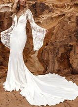 Lace Wedding Dress V-Neck Long Sleeves Court Train for Summer Beach Boho Garden Theme-Dbrbridal