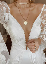 Lace Wedding Dress V-Neck Long Sleeves Court Train for Summer Beach Boho Garden Theme-Dbrbridal