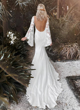 Lace Wedding Dress V-Neck Long Sleeves Court Train for Summer Beach Boho Garden Theme-Dbrbridal
