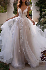 Lace Wedding Dresses A-line Chic V-Neck Sleeveless Appliqued Bridal Gowns With Train-Dbrbridal