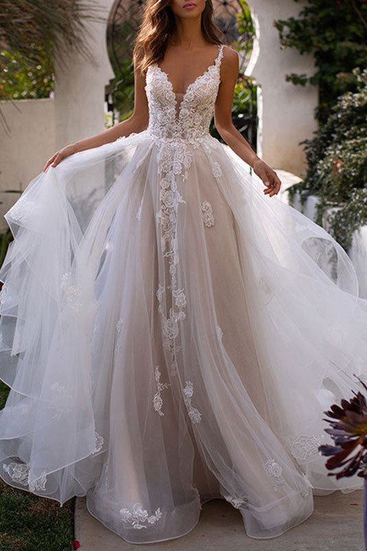 Lace Wedding Dresses A-line Chic V-Neck Sleeveless Appliqued Bridal Gowns With Train-Dbrbridal