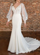 Lace Wedding Dresses Appliques Lace Mermaid Fitted V-Neck Long Sleeves-Dbrbridal