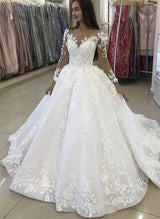 Lace Wedding Dresses Ball-Gown Style V-neck Long Sleeves Court Train Appliques-Dbrbridal