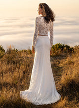 Lace Wedding Dresses Lace Sheath Scoop Neck Long Sleeves Sweep Train-Dbrbridal