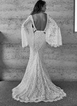 Lace Wedding Dresses Mermaid Fitted V-Neck Long Sleeves Sweep Train-Dbrbridal