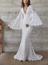 Lace Wedding Dresses Mermaid Fitted V-Neck Long Sleeves Sweep Train-Dbrbridal