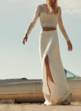 Lace Wedding Dresses Split Front Illusion Neck Long Sleeves Floor-Length Sheath-Dbrbridal