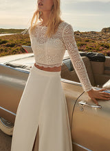 Lace Wedding Dresses Split Front Illusion Neck Long Sleeves Floor-Length Sheath-Dbrbridal