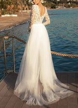 Lace Wedding Jumpsuit Illusion Neck Long Sleeves Sweep Train-Dbrbridal