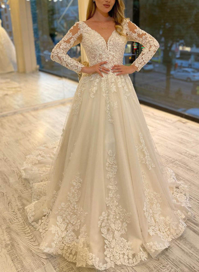 Lavish Lace V-Neck Long Sleeves Chic A-line Wedding Dresses – Dbrbridal
